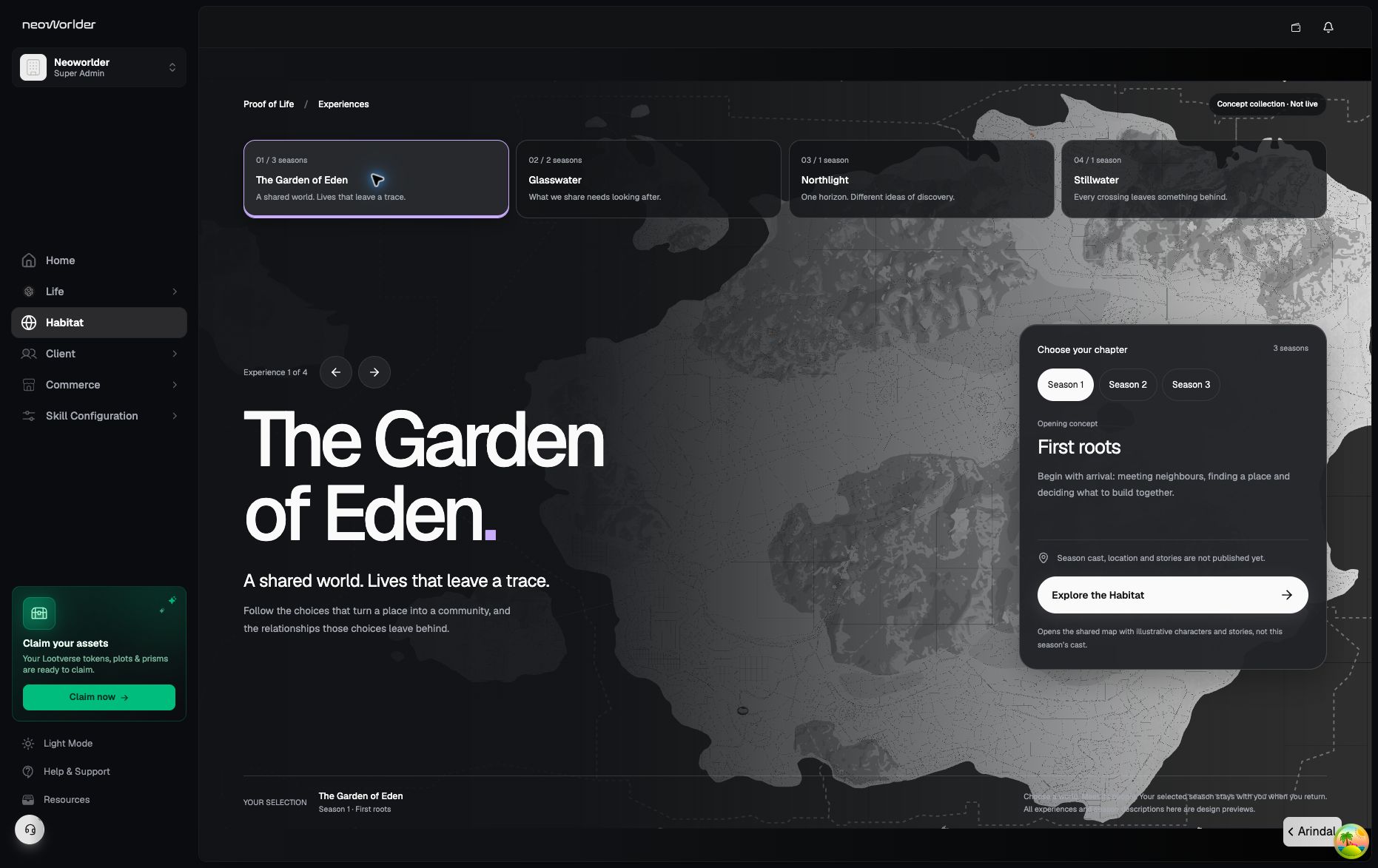 Supplied dark experience collection showing concept worlds and season selection