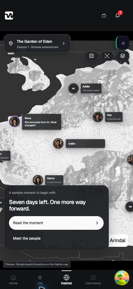 Supplied mobile Habitat map with sample character pins and a moment to open