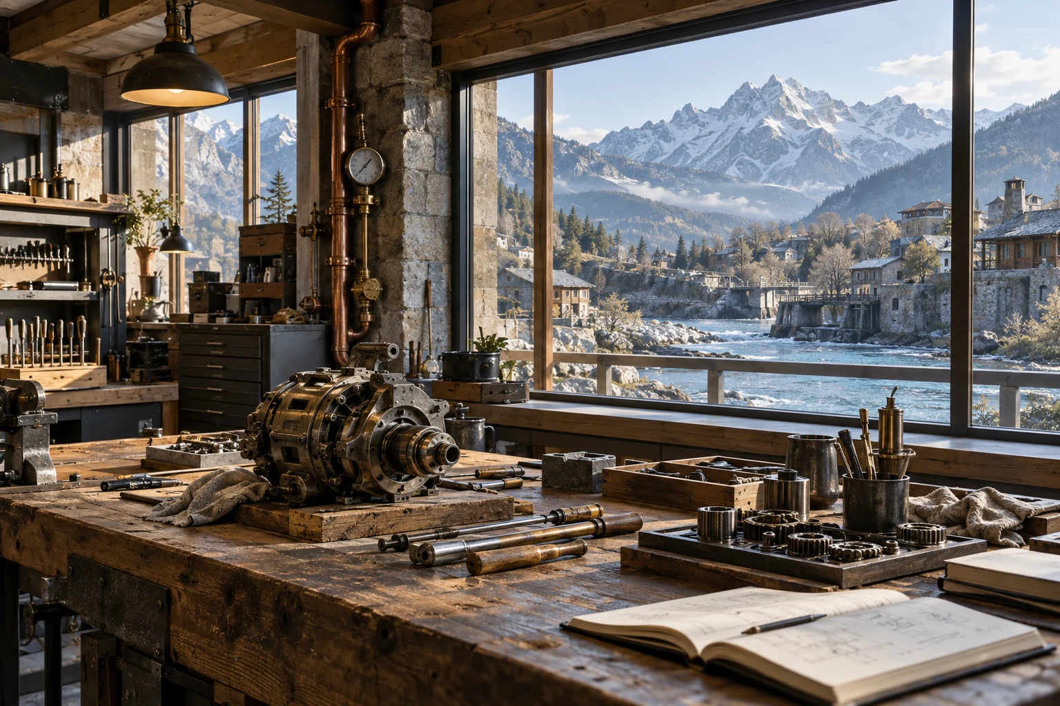 A workshop overlooking the river settlement, with an illustrative resource flow overlaid