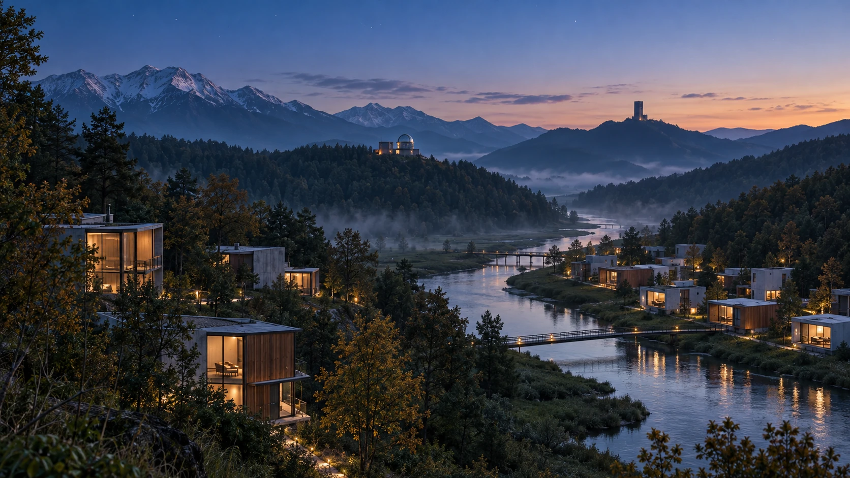 The first town glowing beside a river at evening