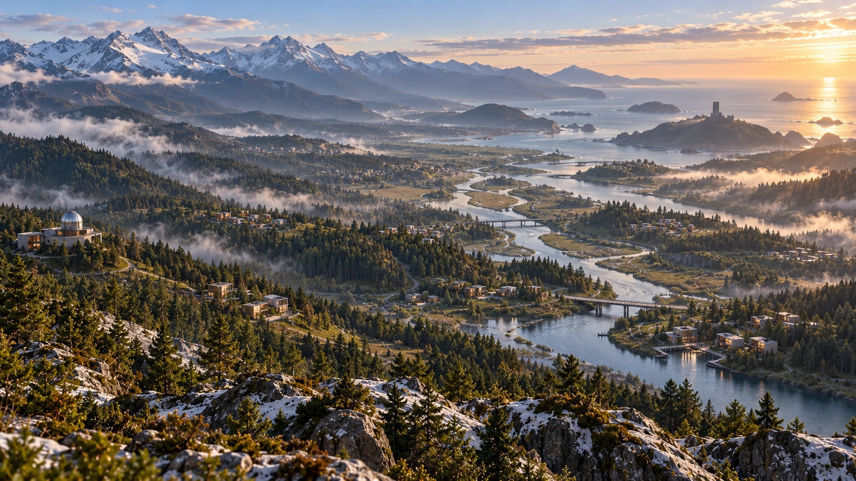 The Habitat: a river town amid forests, mountains, and an open horizon