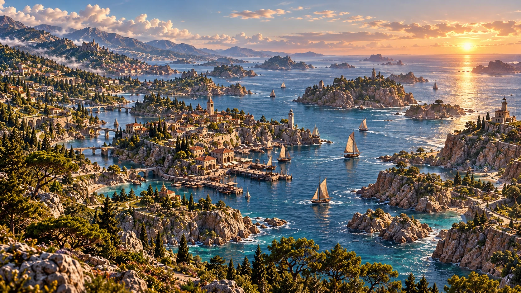 Concept of a coastal community with a sheltered harbor, sailing boats and distant islands